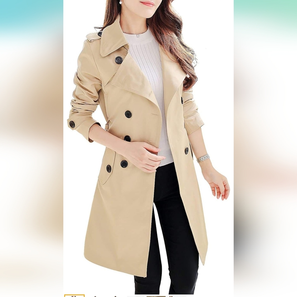 NWT Double-Breasted Waterproof Trench Coat With Belt (Khaki) - NANJUN - Picture 1 of 14